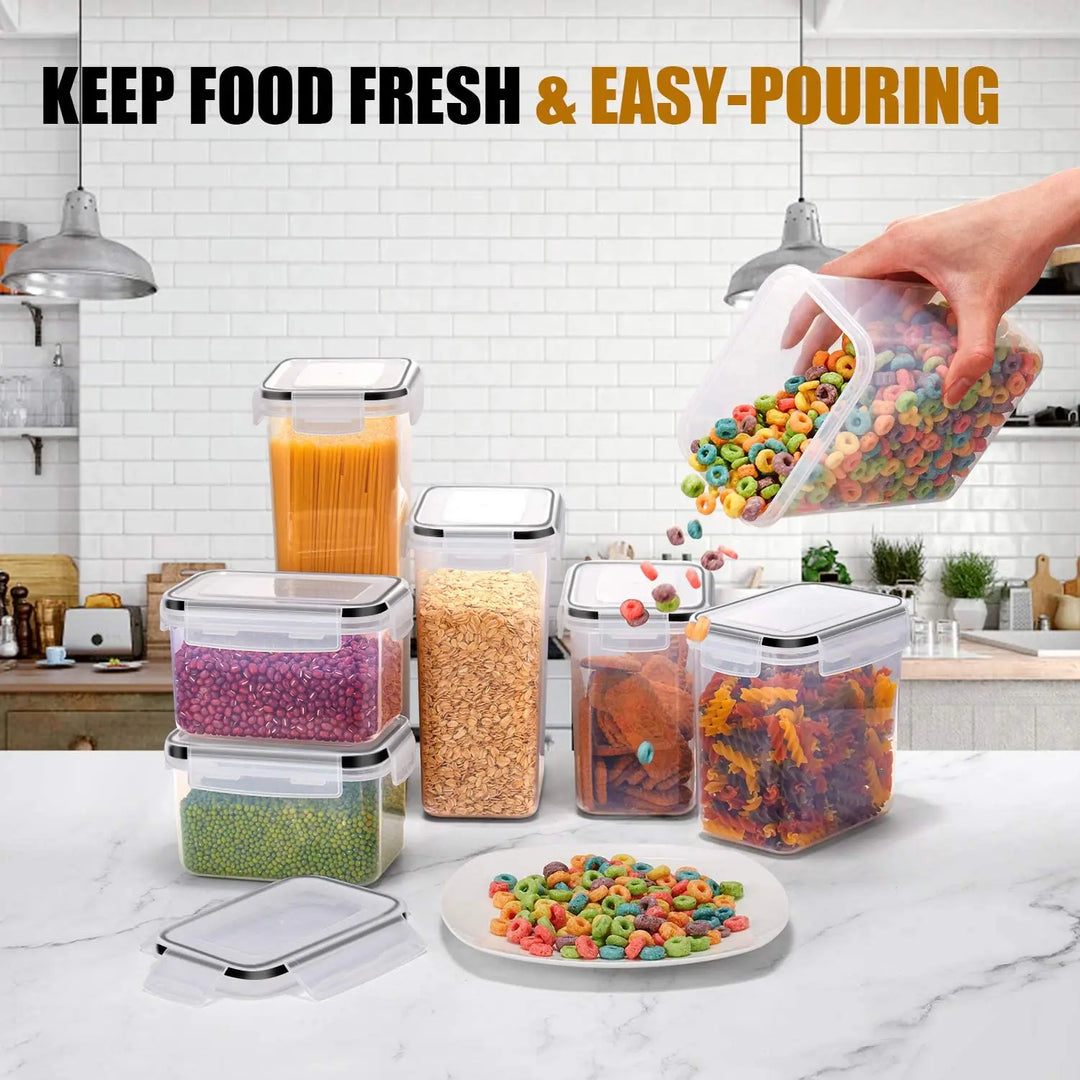 Airtight food storage containers, 7pcs BPA-free, with labels for organized pantry, visible contents.