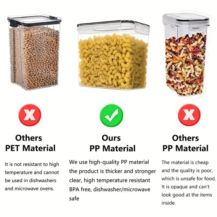 Set of 7 BPA-free airtight food containers with labels, ideal for kitchen and pantry organization.