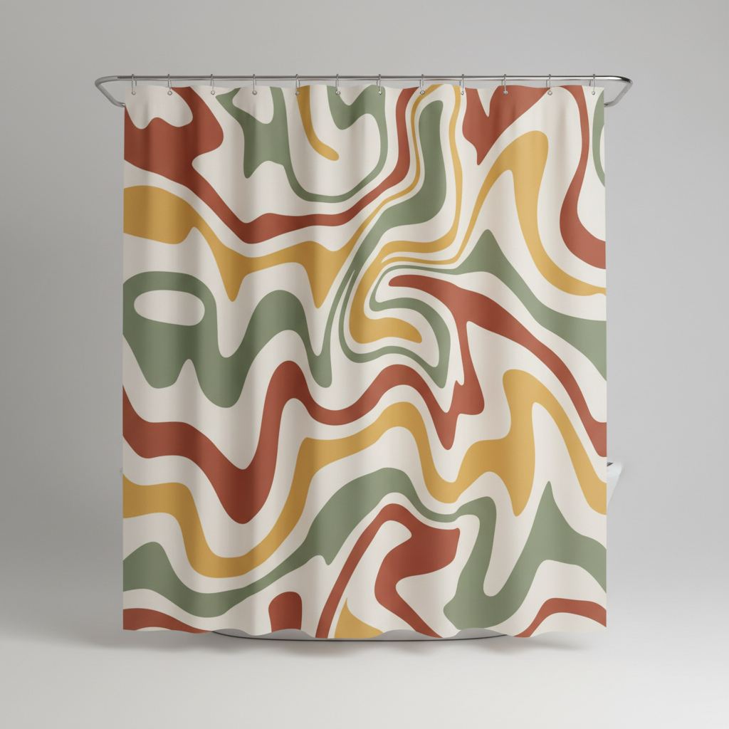 Bathroom accessory: 70s Retro Boho-Wave shower curtain, eye-catching spiral design