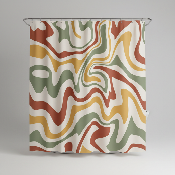 Bathroom accessory: 70s Retro Boho-Wave shower curtain, eye-catching spiral design