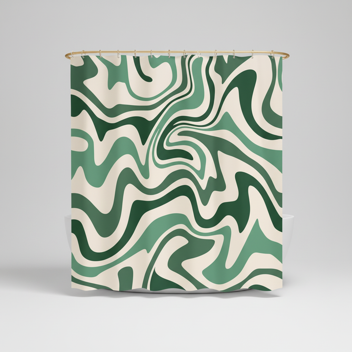 Boho-Wave shower curtain with a 70s spiral pattern, perfect for vintage decor