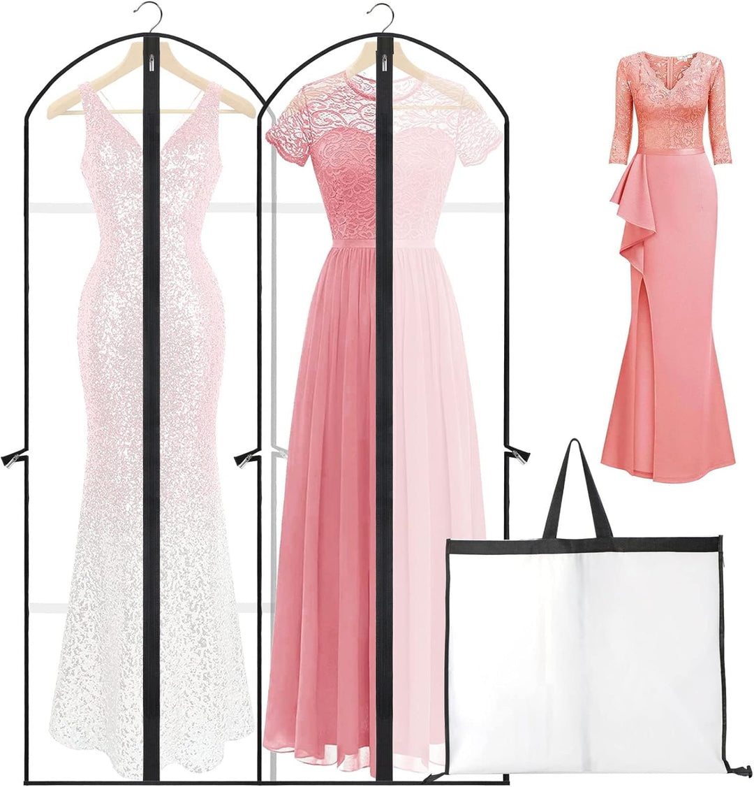 Long garment bag for wedding gown storage and travel.
