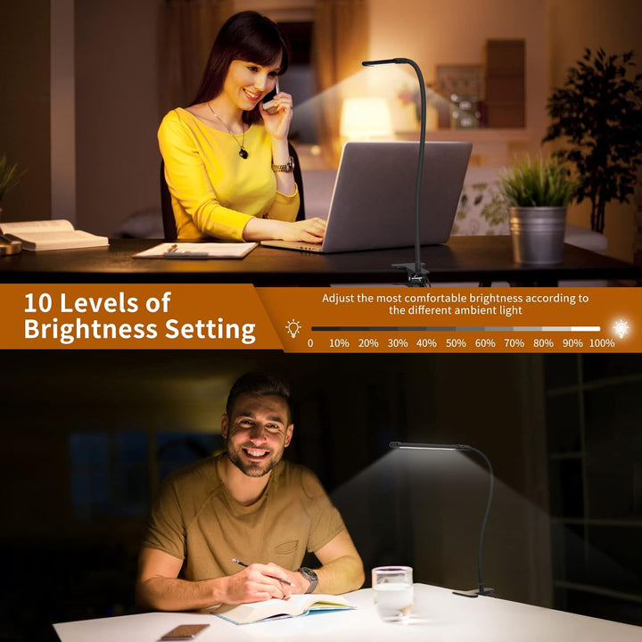 USB powered 77 LED gooseneck desk lamp clamped to a table, ideal for reading or work
