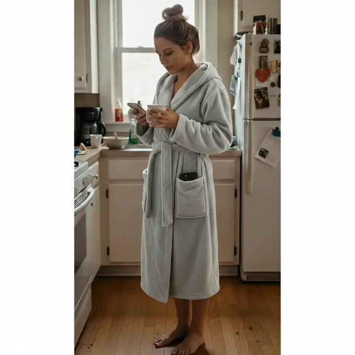 Light Gray - Women's Fleece Hooded Bathrobe