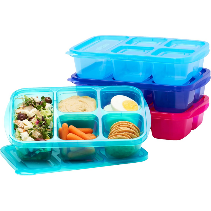 Versatile 8-piece set of reusable 5-compartment food containers for storing various meals & snacks.