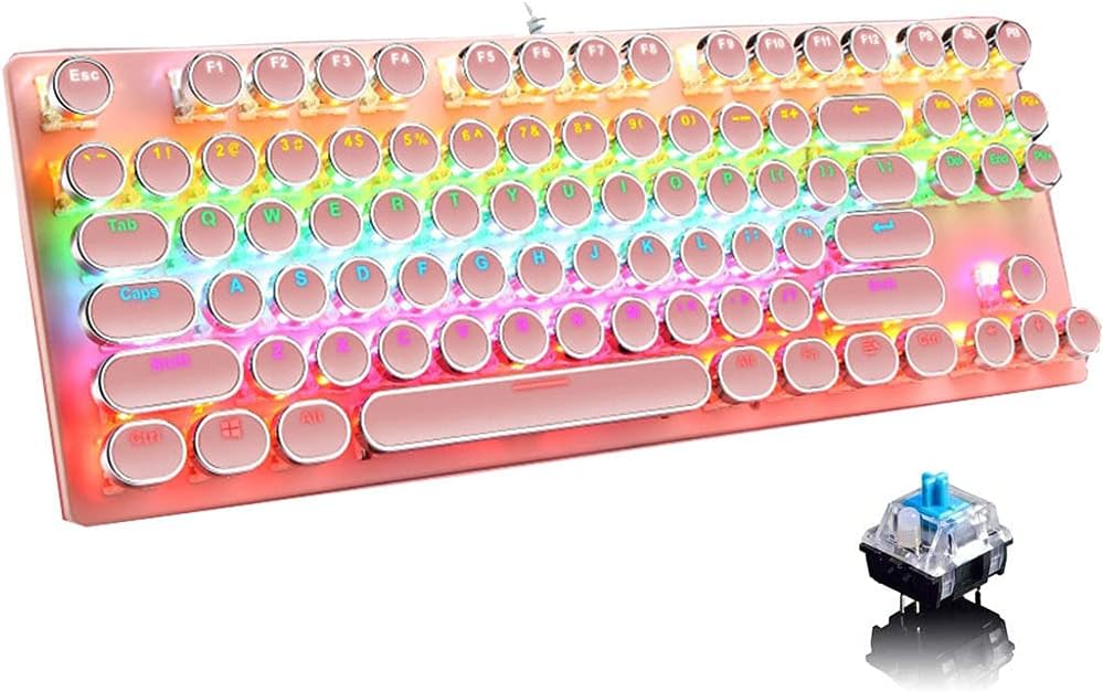 87-key RGB mechanical gaming keyboard with blue switches, vibrant backlighting for PC gaming setup