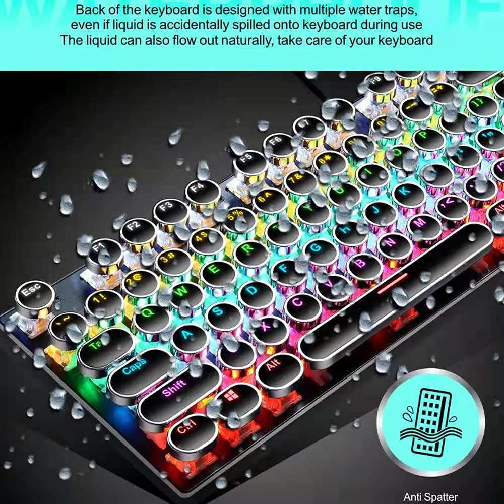 87-key mechanical gaming keyboard, vibrant RGB lighting patterns, clicky blue switches