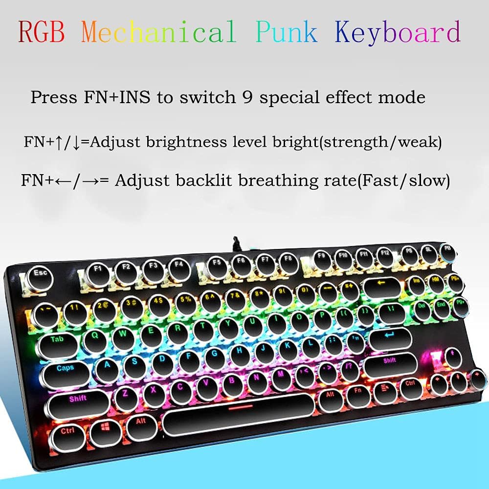 High-res image of 87-key RGB mechanical gaming keyboard, blue switch detail emphasized