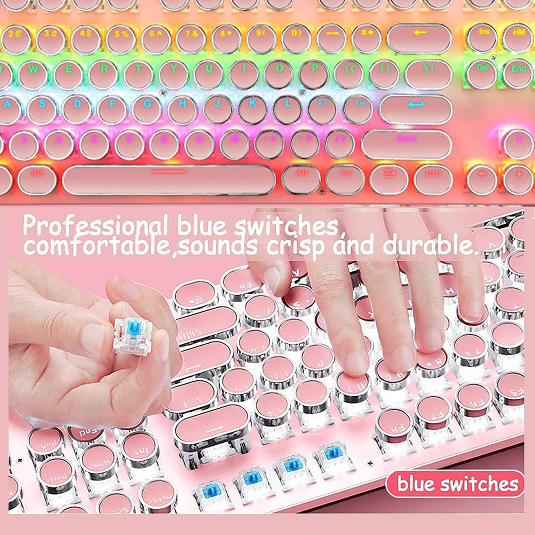 Action shot of fingers on 87-key RGB mechanical gaming keyboard, blue switch actuation