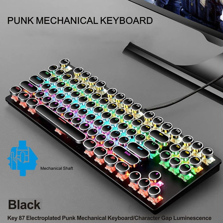 87-key mechanical gaming keyboard, showcasing different RGB lighting modes and blue switches
