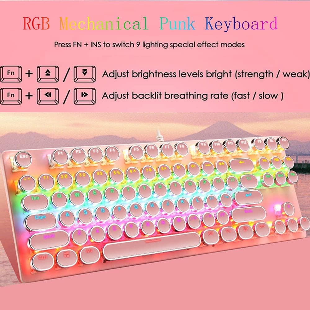 Desk setup featuring 87-key RGB mechanical gaming keyboard, blue switch for comfortable typing
