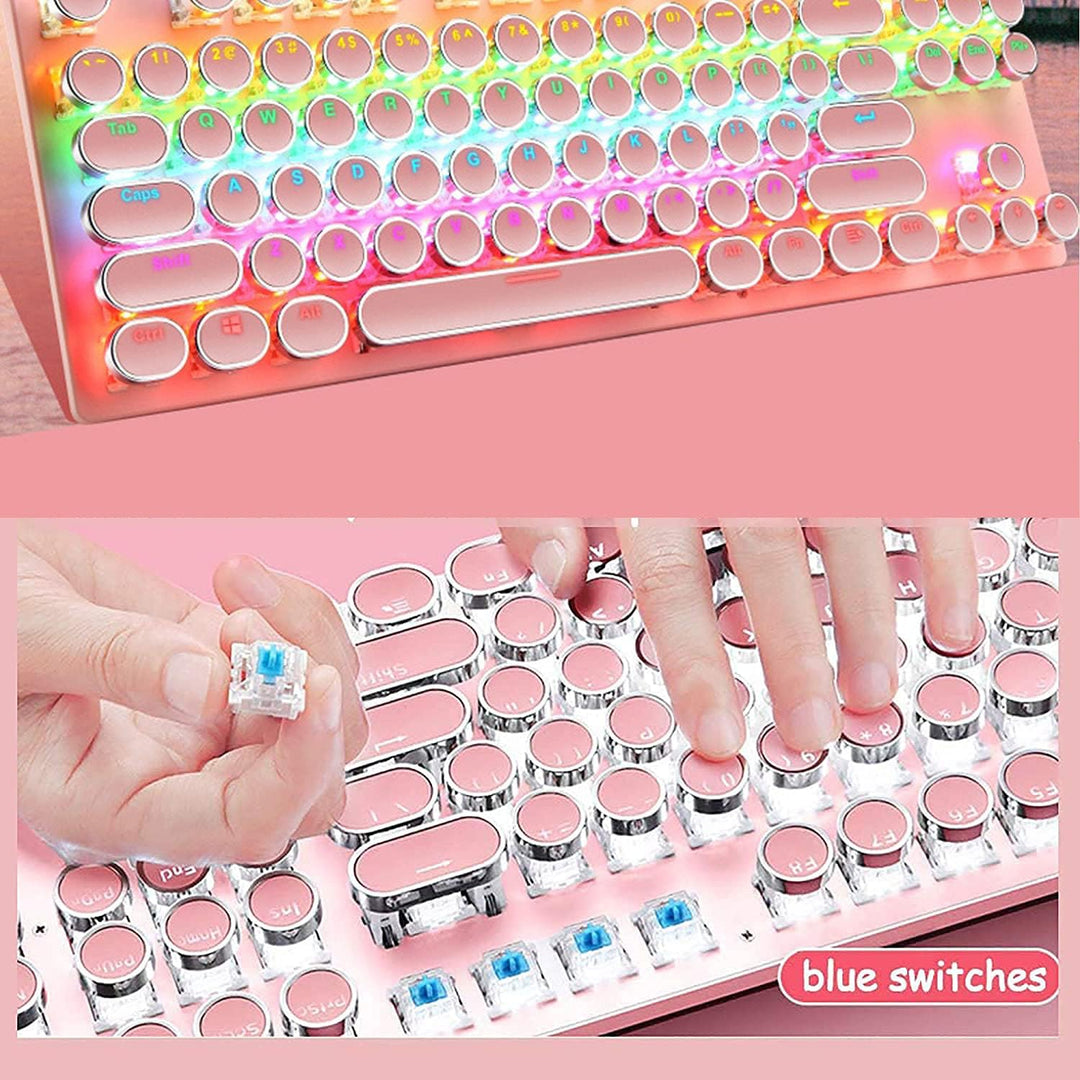 87-key mechanical keyboard with individual RGB backlit blue switches, durable and responsive