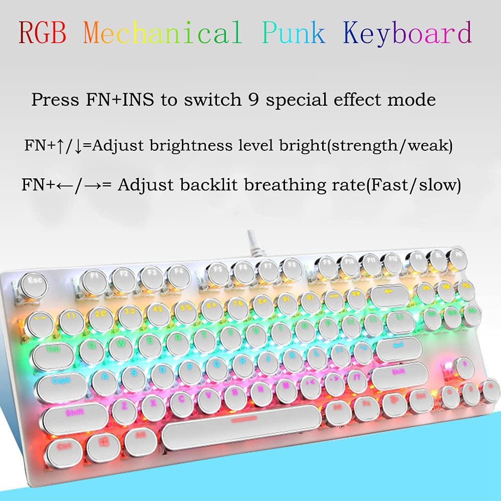 Performance-focused 87-key mechanical gaming keyboard, vibrant RGB and crisp blue switches