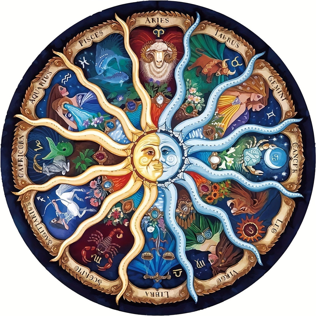 Box packaging for the Adults' 1000-piece Round Zodiac Puzzle, highlighting the celestial theme.