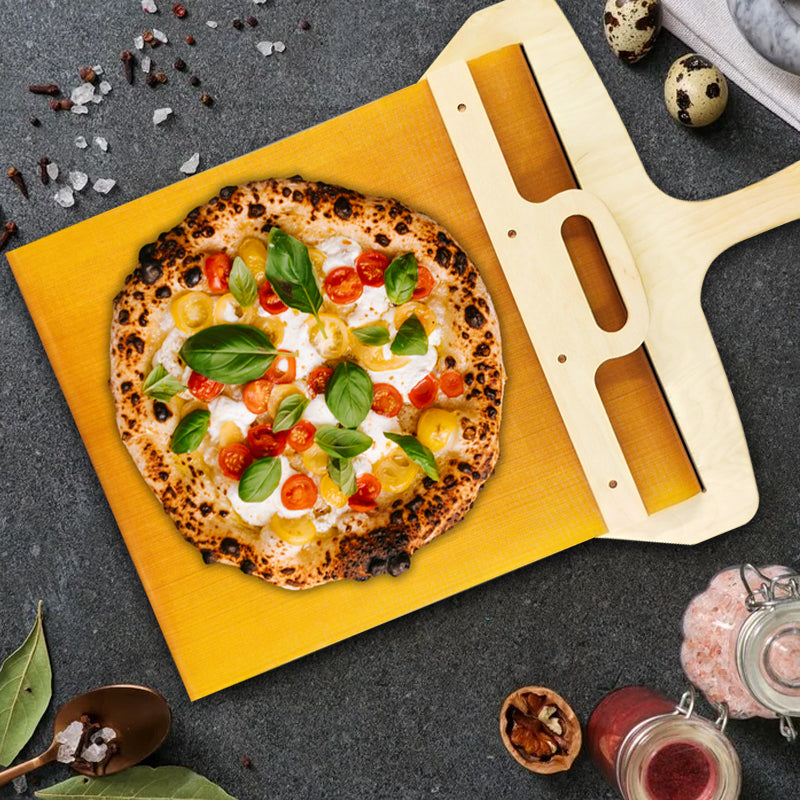 Adjustable wooden pizza peel by Fornello, featuring an easy-glide sliding mechanism for baking