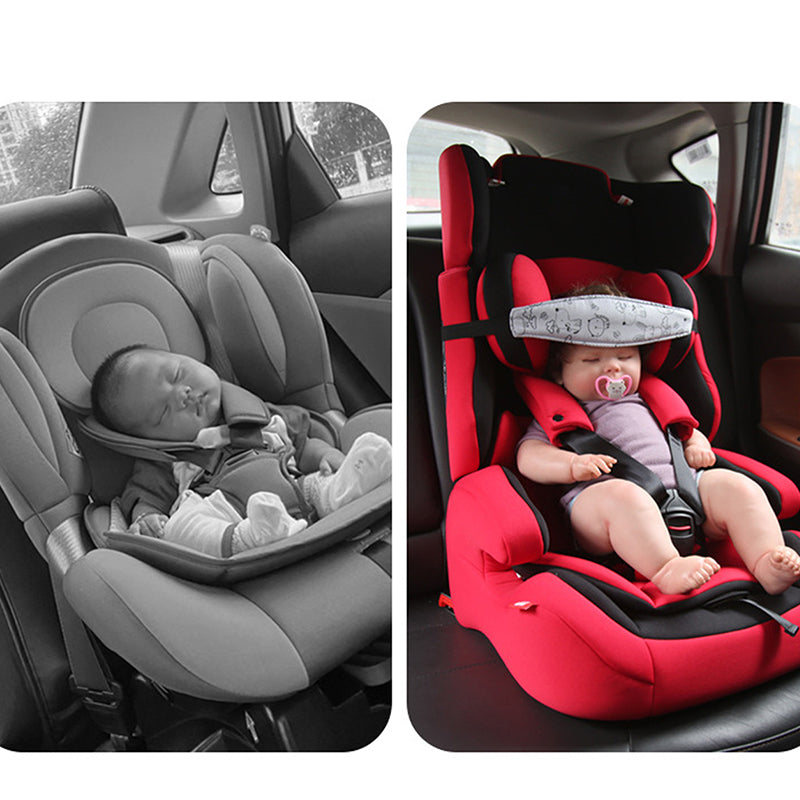 Child safety car accessory: Kids' adjustable car seat headrest with a blue and white pattern, providing neck support for sleeping toddlers.