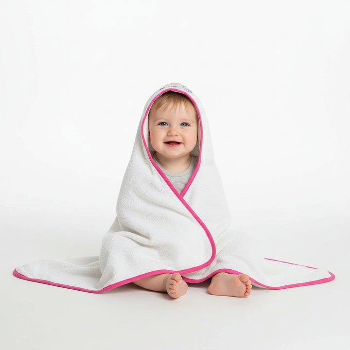 Closeup of the animal hood on a baby bath towel, highlighting the quality and plushness of the cotton.