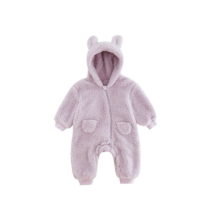Snug baby fleece romper with vibrant animal print, essential baby clothes for winter.