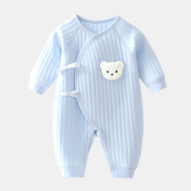 Adorable baby in a soft cotton bear romper, perfect for spring or autumn, infant clothing
