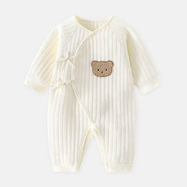 Front view of a grey cotton baby bear romper, ideal for newborn essentials, infant jumpsuit