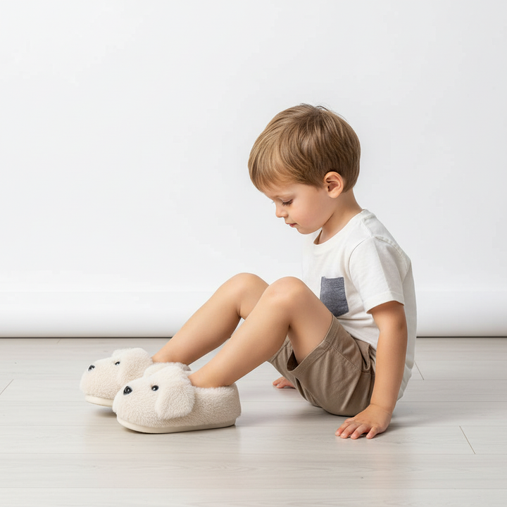 Side view of unisex children's puppy-themed indoor slippers with durable non-slip grip