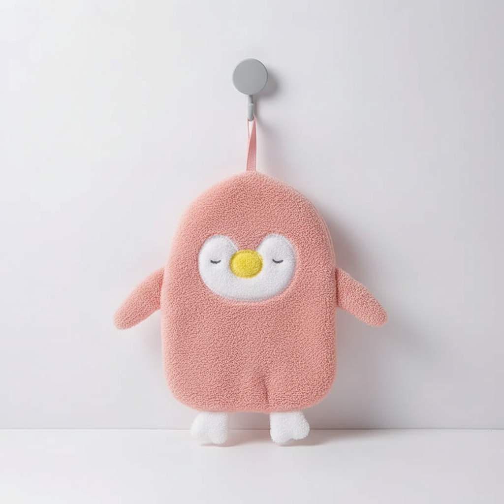 Cute penguin hand towel made from plush coral fleece, offering high absorbency and quick-dry properties for daily use.