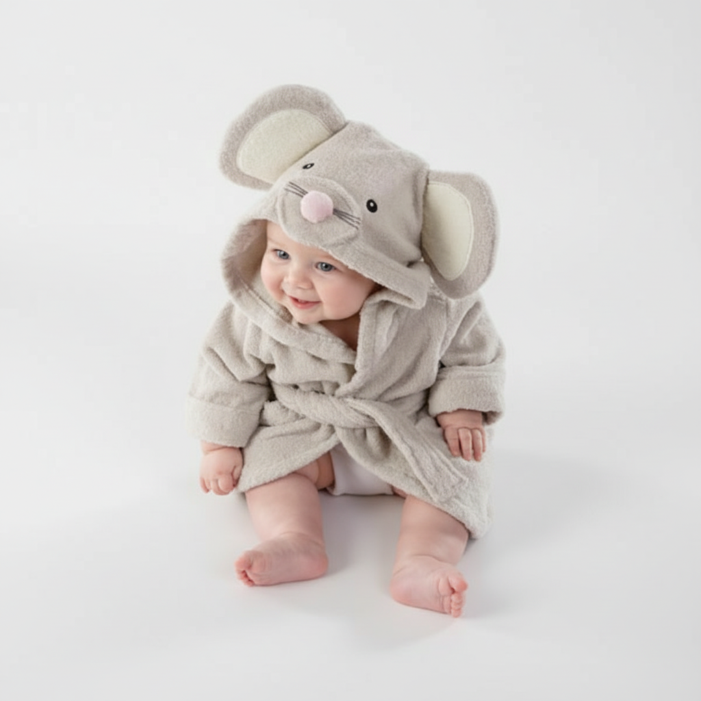 Folded SnuggleTowel baby hooded bath towel, showcasing its plush cotton blend material and animal theme