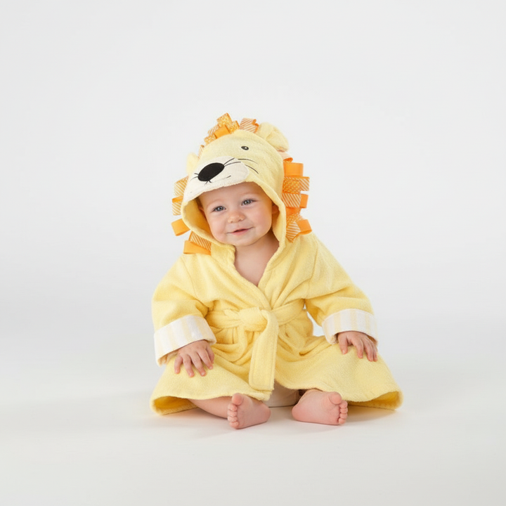 Happy child wearing a SnuggleTowel animal hooded bath towel, thick and absorbent for quick drying