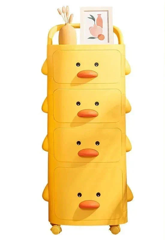 Durable children's rolling toy storage rack with a sweet duck, providing ample space for playroom essentials.