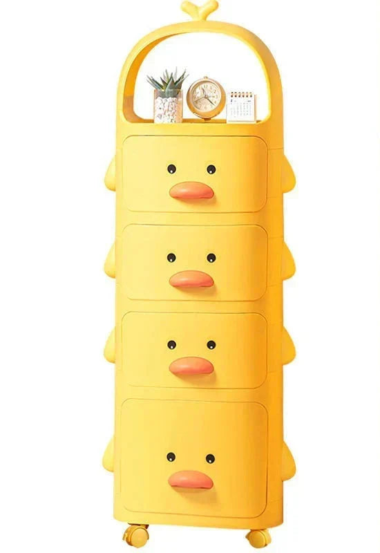 Mobile toy organizer trolley for kids, featuring a delightful duck pattern, great for playroom storage solutions.