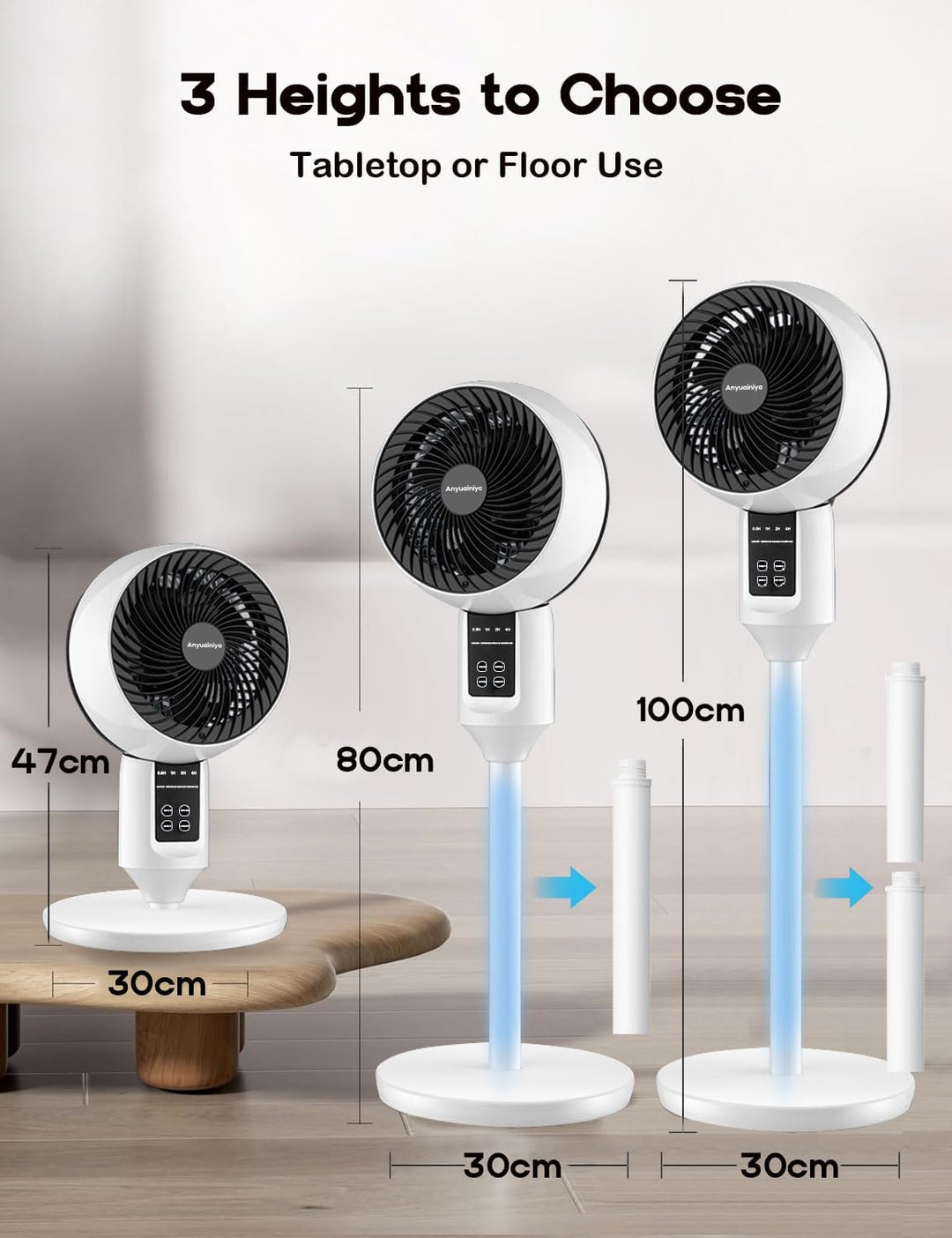 Quiet Aerion Pedestal Fan, 3D Oscillation, adjustable height, remote control for home cooling.