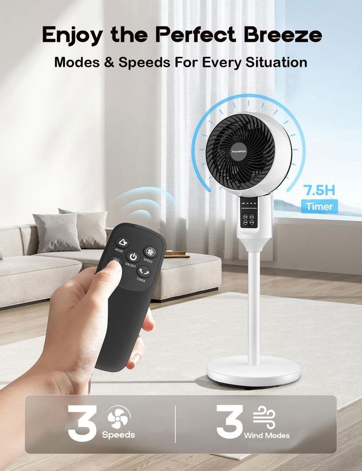 Side view of the Aerion pedestal fan, emphasizing its sleek design and adjustable stand for quiet cooling.