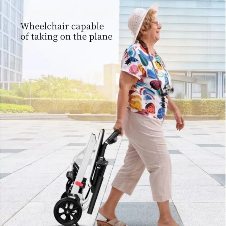 Unisex foldable wheelchair with user-friendly brakes, demonstrating easy portability for on-the-go mobility