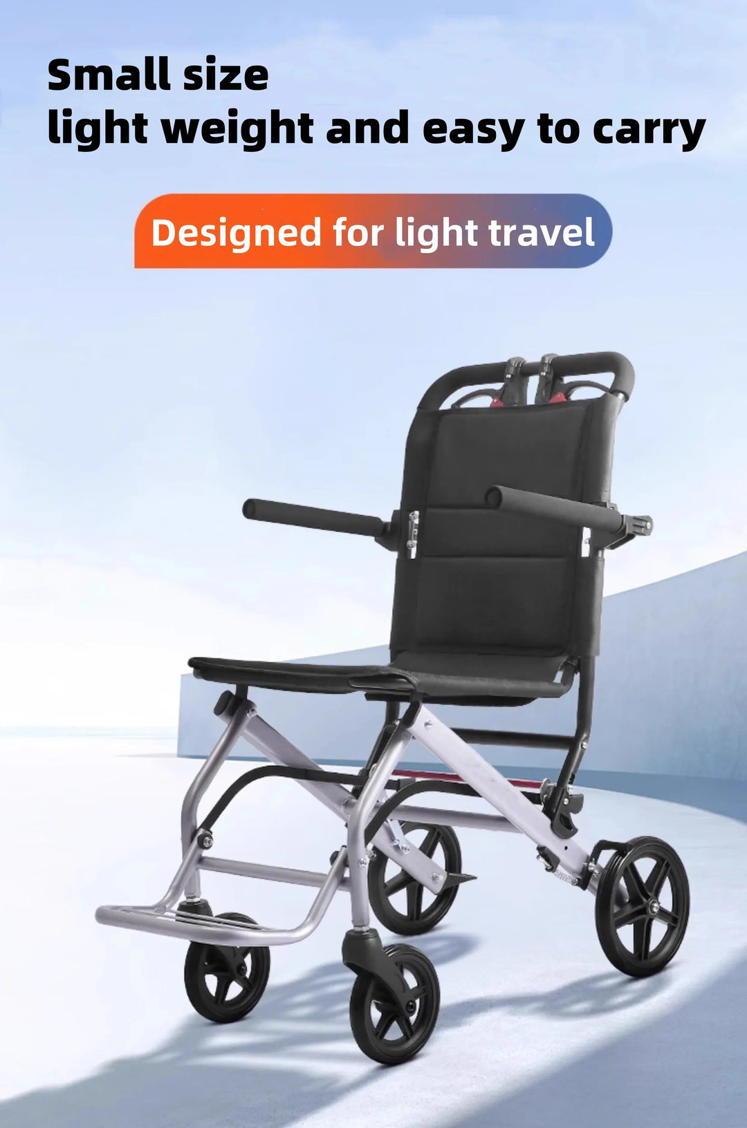 Portable travel wheelchair with ergonomic handles, suitable for elderly care and convenient transportation