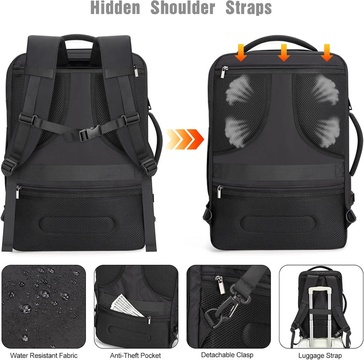 Unisex AeroPack 40L travel laptop backpack with anti-theft lock and integrated USB charging port