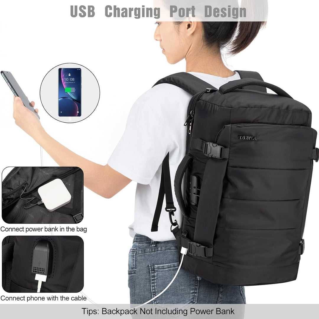 Black AeroPack 40L water-resistant travel backpack, ergonomic design, ready for carry-on travel