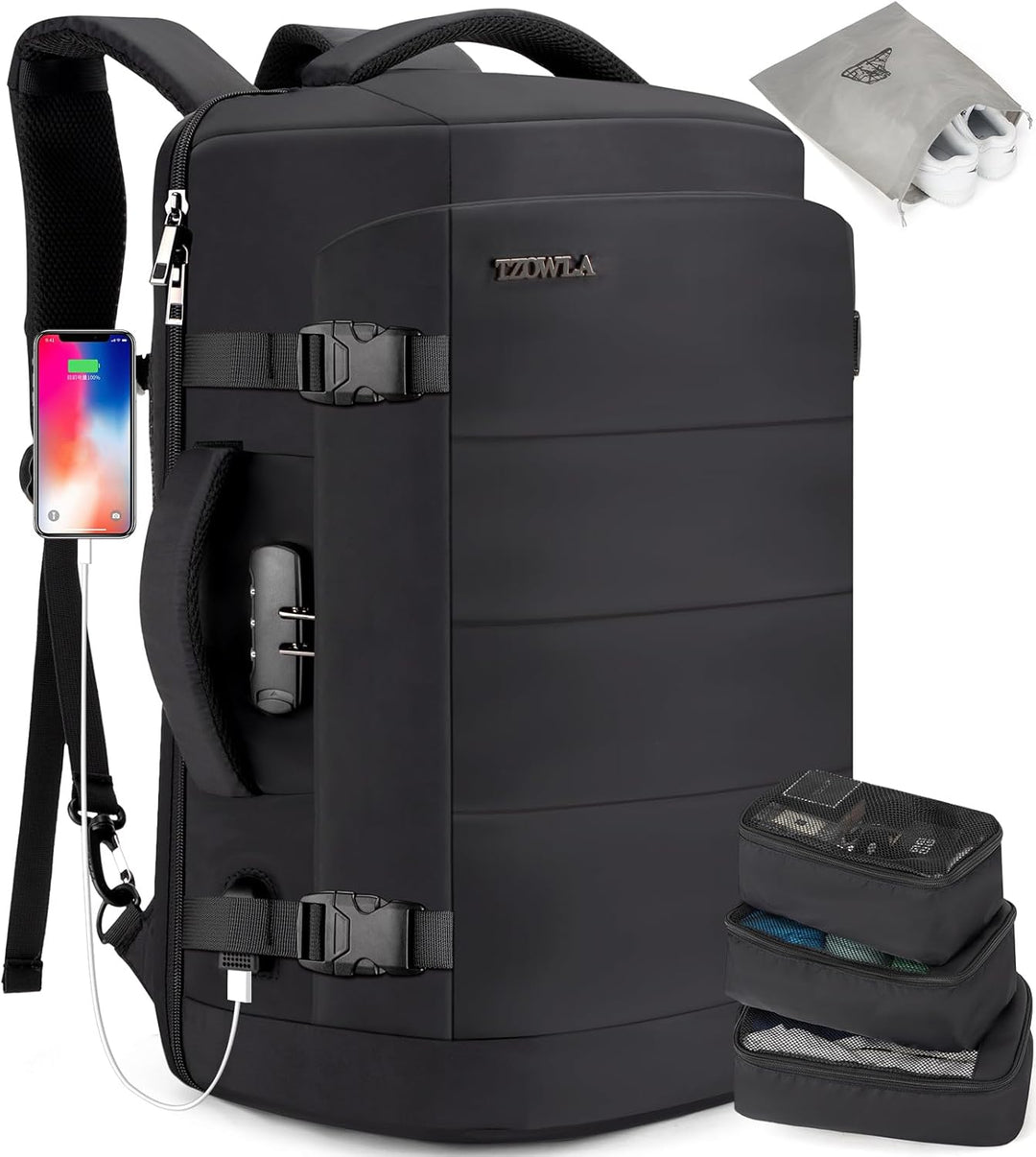 Detail view of the USB charging port on the side of the AeroPack 40L water-resistant travel backpack