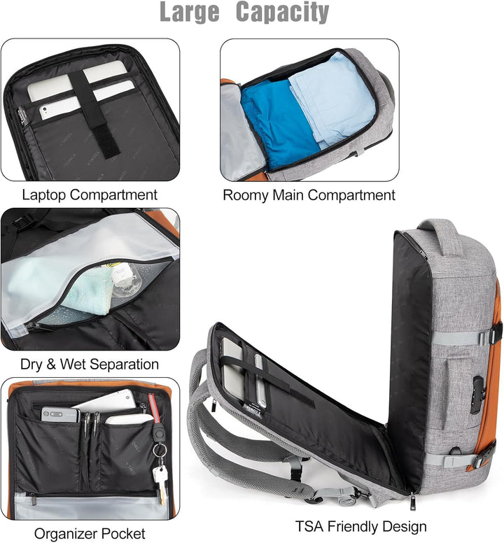 Person wearing an AeroPack 40L water-resistant travel backpack, ideal for business travel or commuting