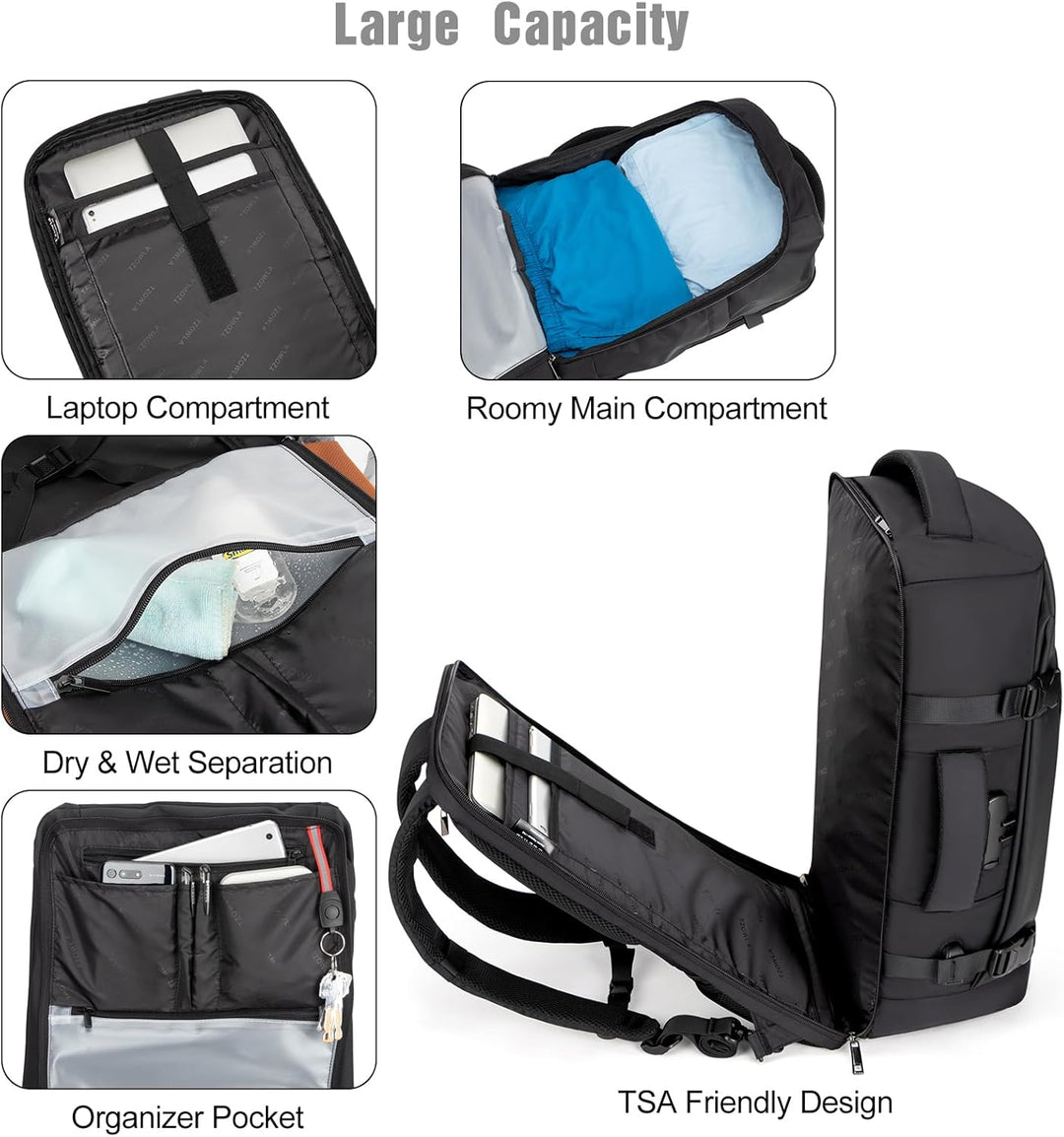 AeroPack 40L unisex travel backpack against a city background, perfect commuter or carry-on bag