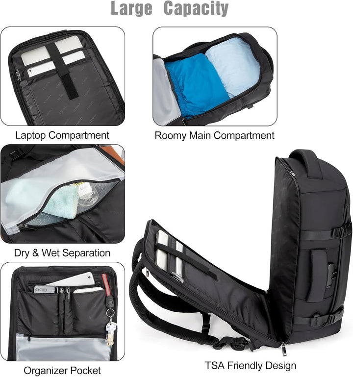 AeroPack 40L unisex travel backpack against a city background, perfect commuter or carry-on bag