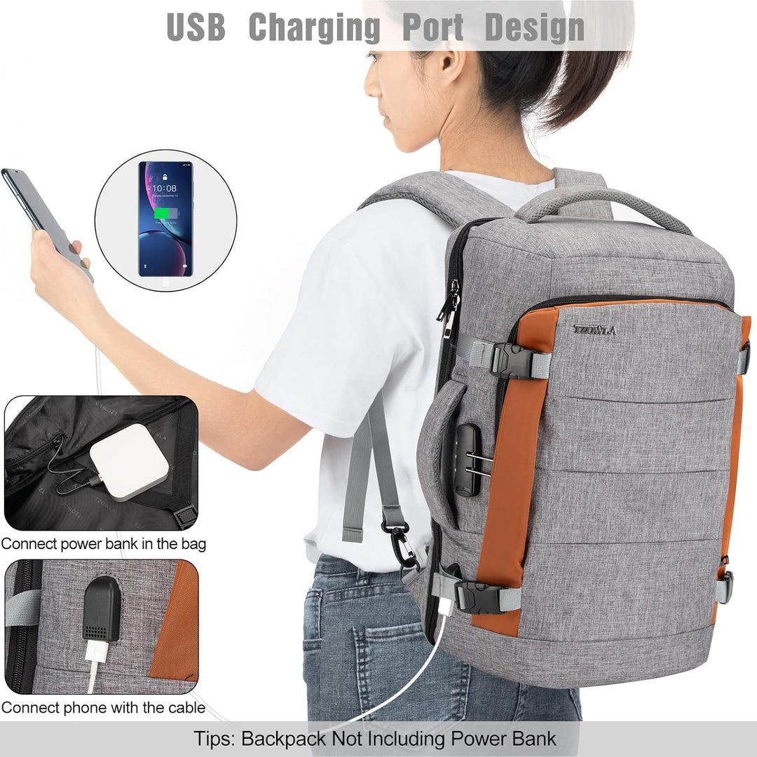 Side view of AeroPack 40L backpack highlighting ergonomic straps, anti-theft zipper & USB port.