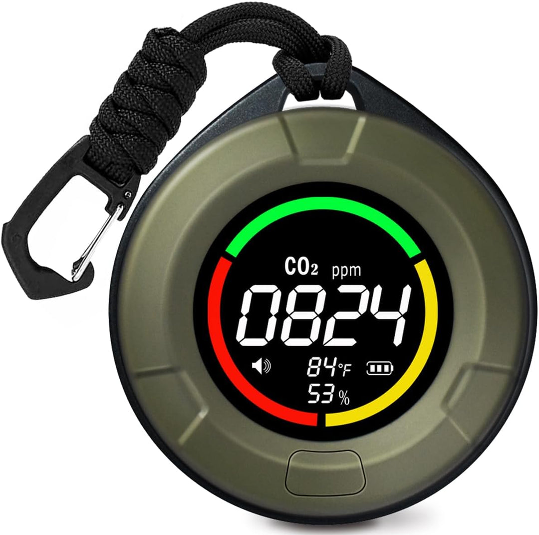 Aervent portable 3-in-1 CO2 monitor displaying temperature and humidity for indoor air quality.