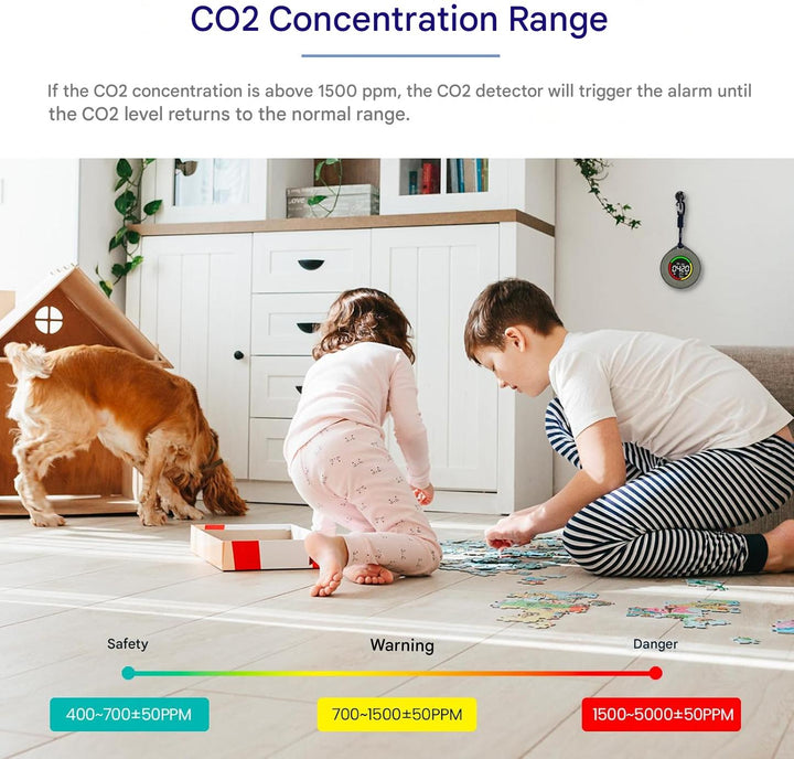 Compact Aervent environmental meter measuring CO2, temperature, and humidity for home or office air safety.