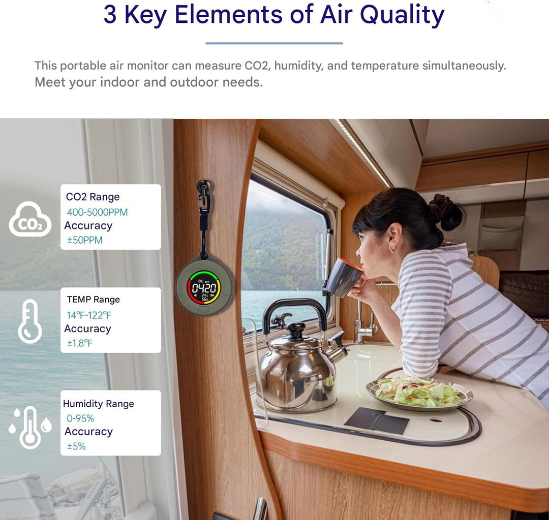 Handheld Aervent CO2 sensor, a portable air quality monitor ideal for indoor environment assessment.