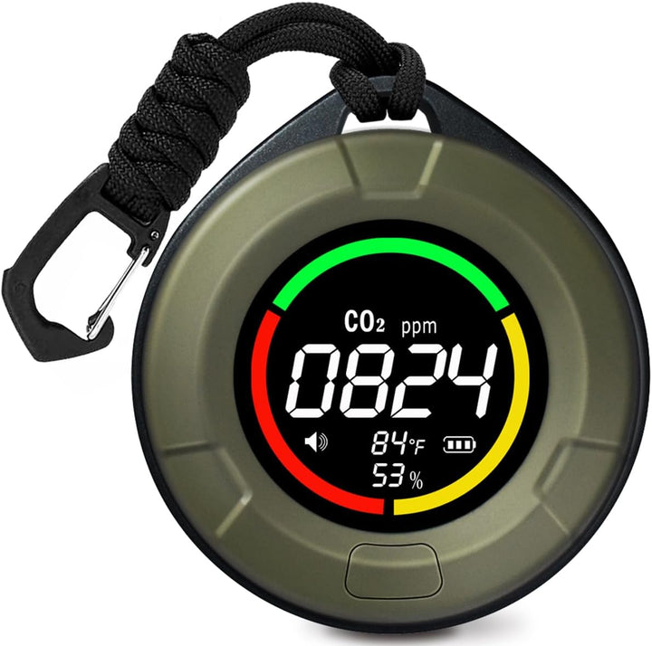 Aervent Portable CO2 Detector: 3-in-1 air quality monitor, showing CO2, temperature, and humidity on screen.