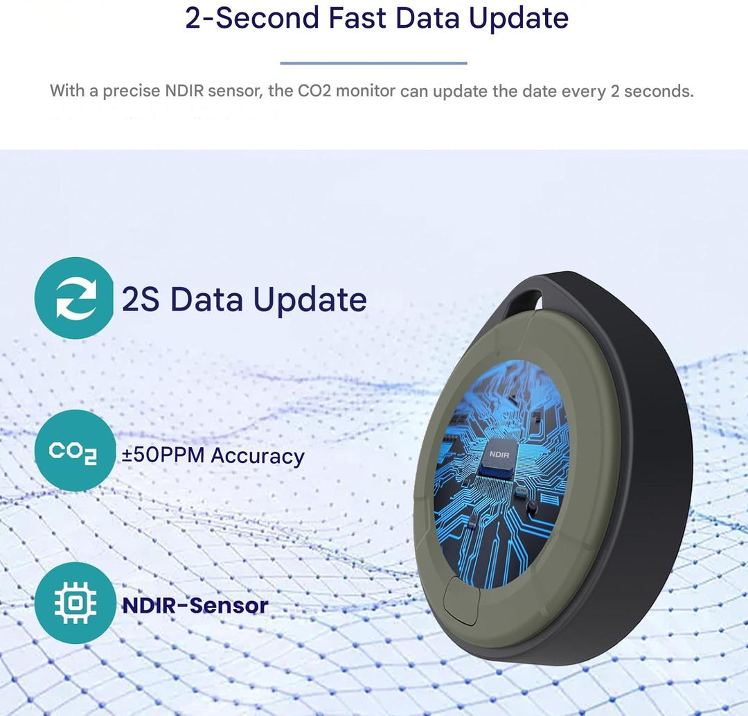 Compact Aervent CO2 detector with a clear digital display, perfect for home safety and environmental monitoring.