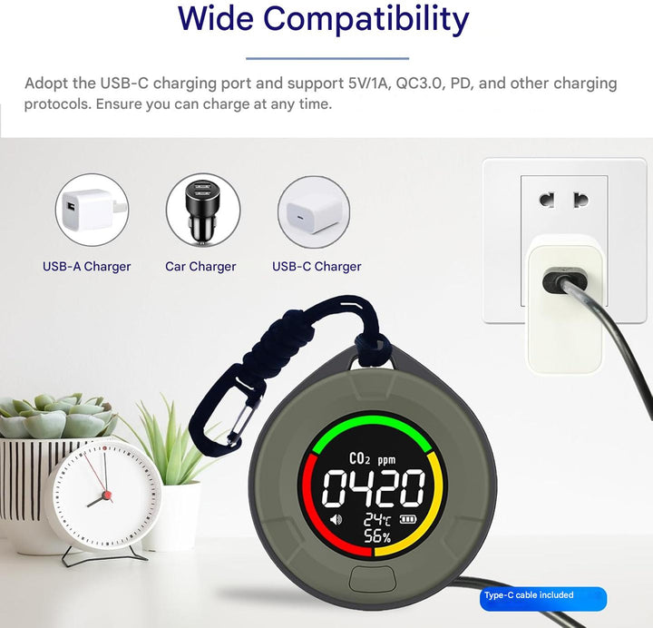 Aervent rechargeable CO2 detector, monitoring air quality, temperature, and humidity for peace of mind.
