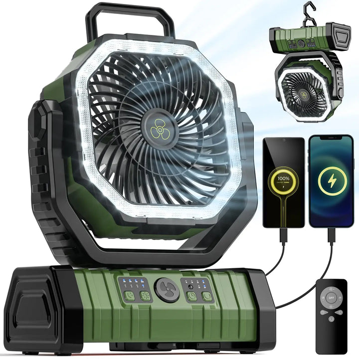 Airmate USB rechargeable camping fan with LED light, 20,000mAh battery, remote control, and hook for tent use.
