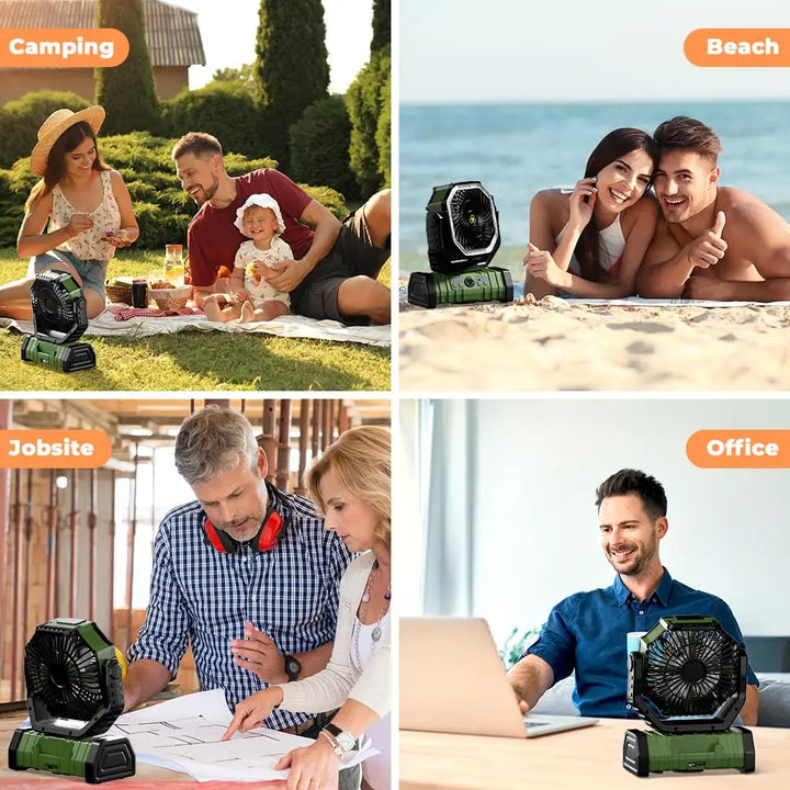 Rechargeable Airmate camping fan and power bank with remote control, ideal for outdoor adventures and tent camping.