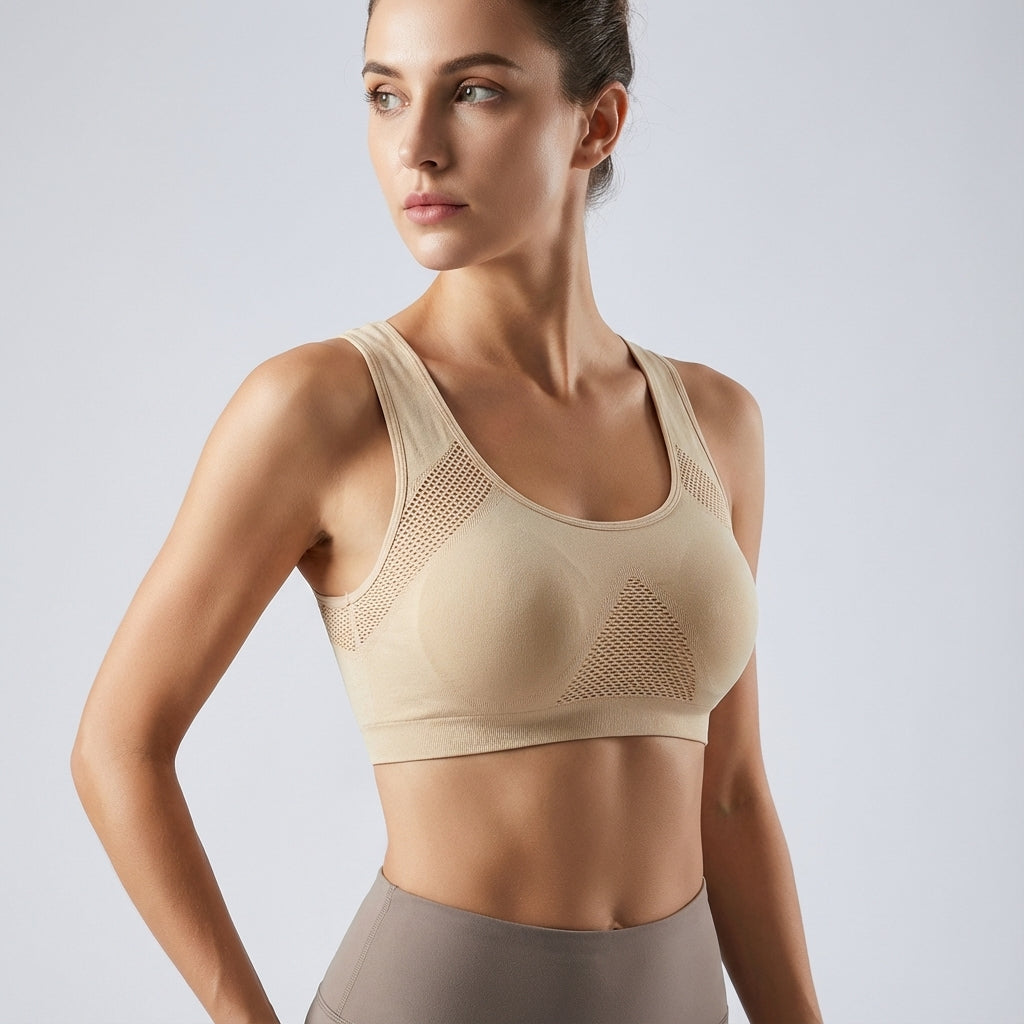 Seamless padded sports bra in a vibrant color, Alice model, offering comfortable support for women's activewear